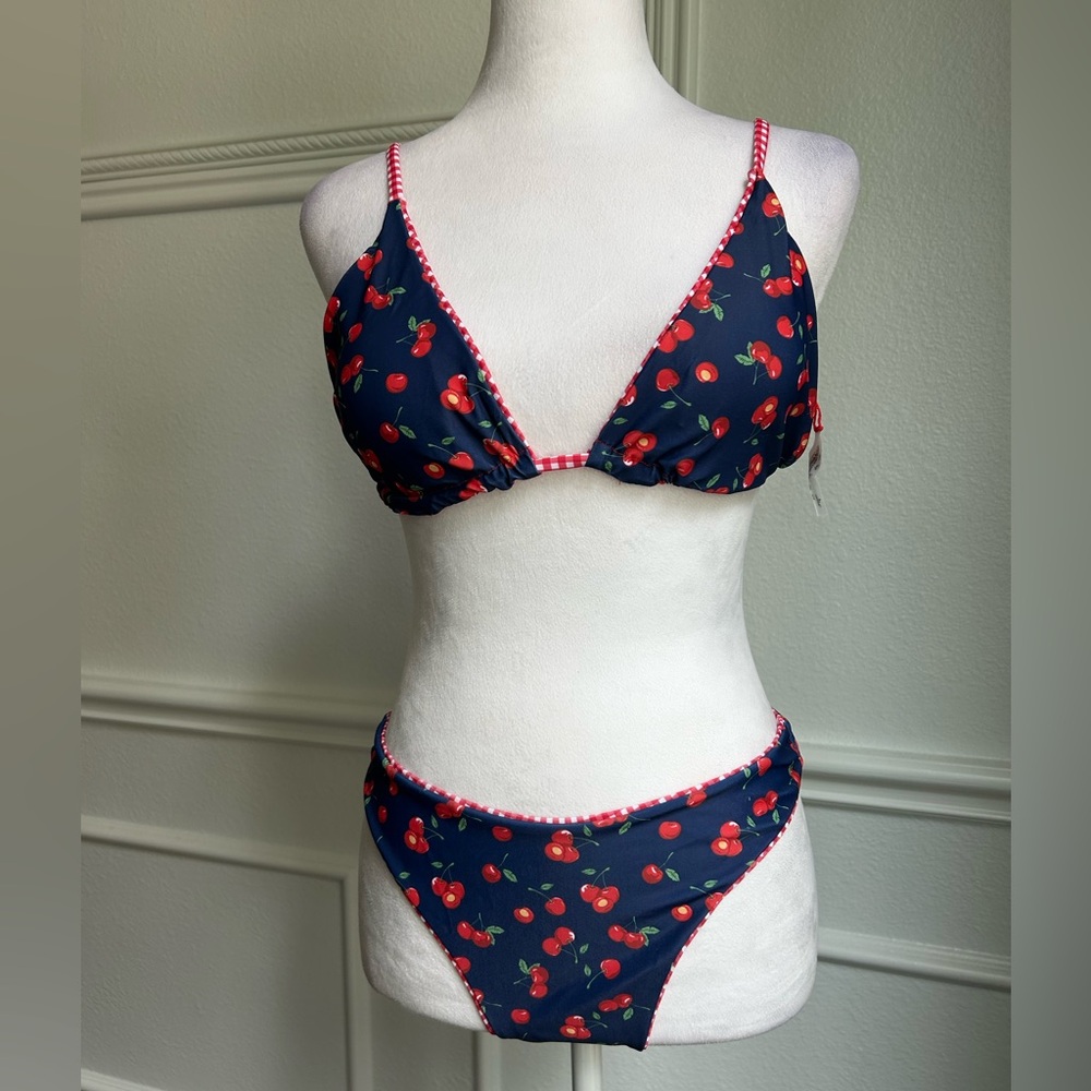 Seamolly Swimsuit Cherry/Gingham Reversible Bikini Set, NWOT, Top L, Bottom M